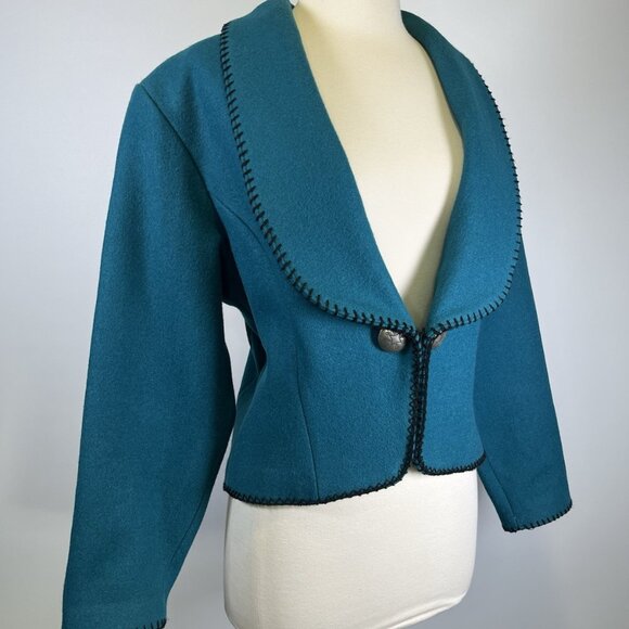Vintage MWG Western Wool Cropped Jacket Teal Southwestern Concho Button Medium - Picture 3 of 13